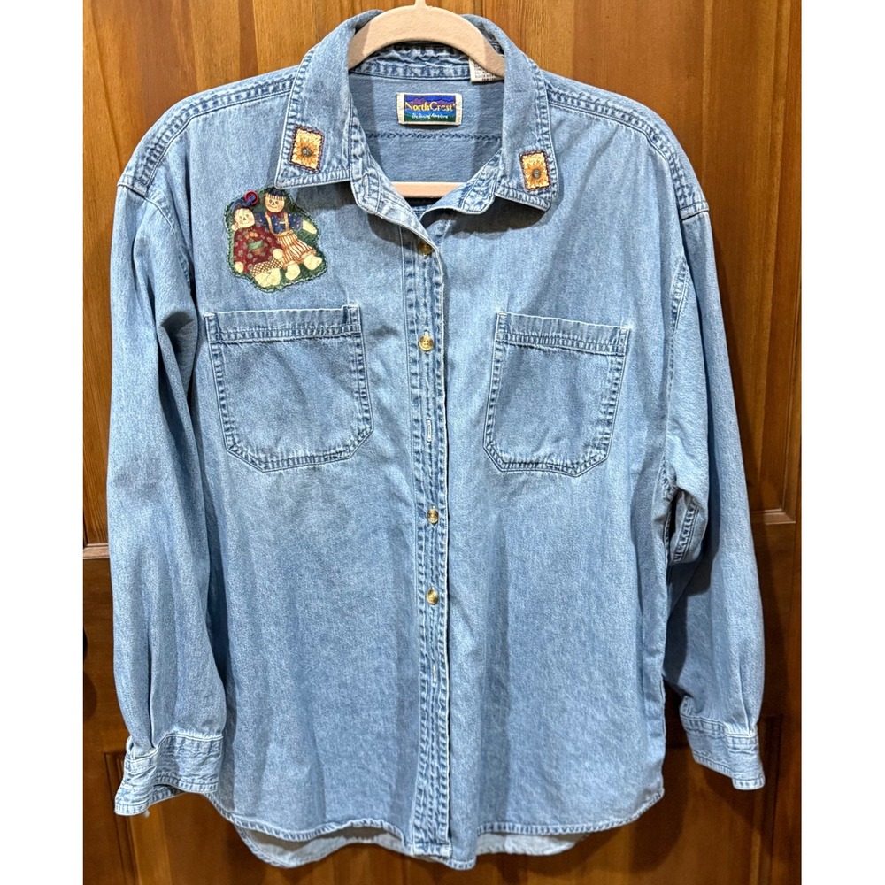 NorthCrest‎ Denim Shirt Women's XL Embroidered Sunflowers Rag Dolls Beehive EUC